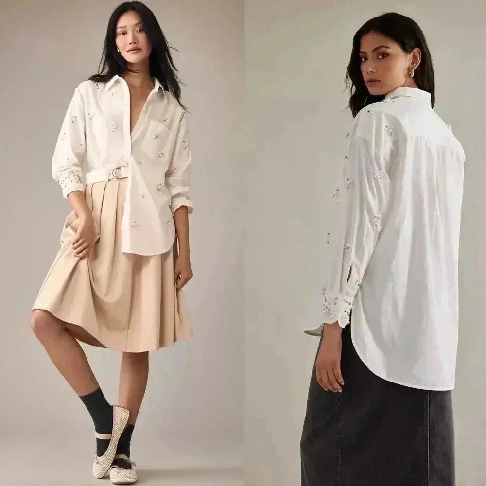 Anthropologie Maeve The Bennet Buttondown Shirt Pearl-Embellished Edition Small
